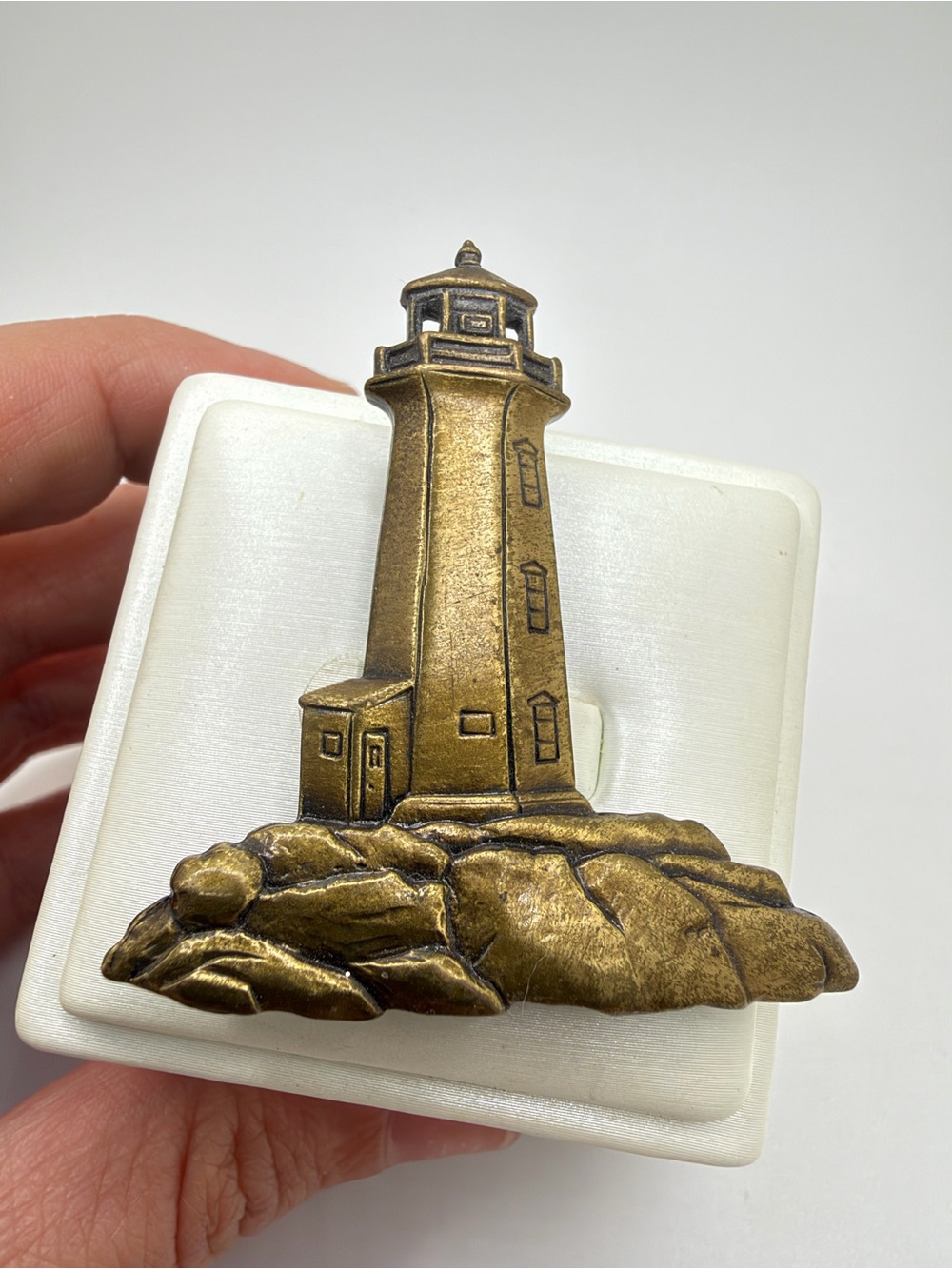 Vintage JJ Jonette stamped Lighthouse Brooch/Pin in Brass/Antique Gold tone!